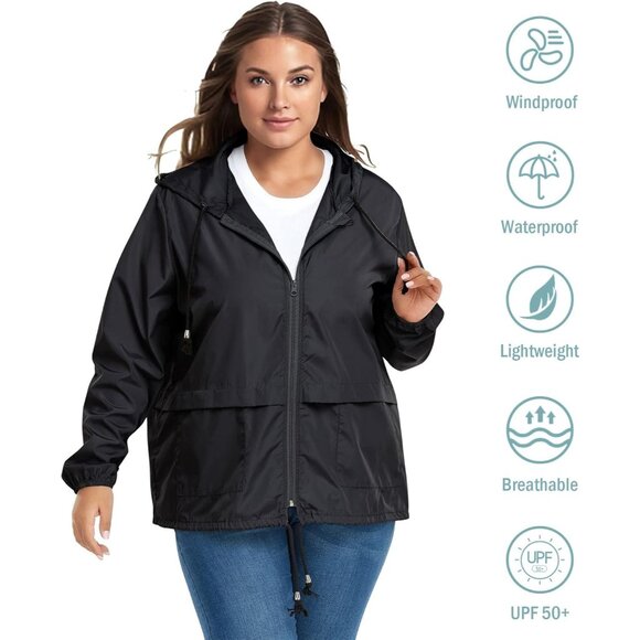 Plus Size Waterproof Rain Jacket Women's Lightweight Packable Windbreaker - Picture 5 of 6